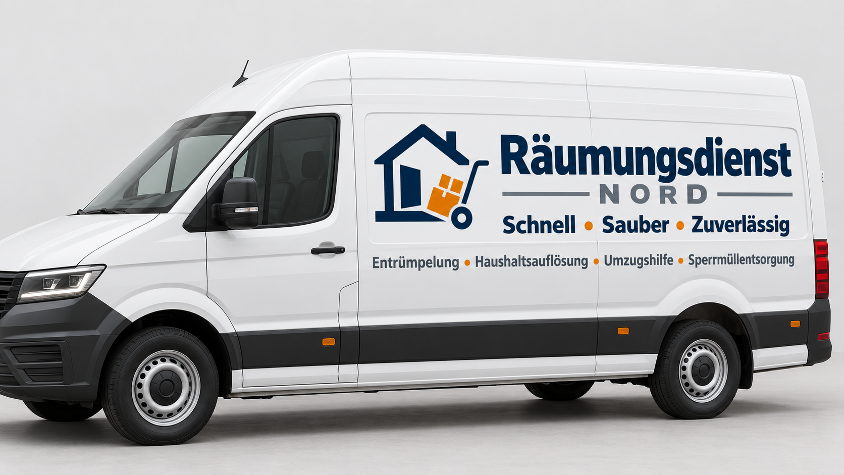 Gestaltungsentwurf eines weißen Transporters mit dem Logo von Räumungsdienst Nord